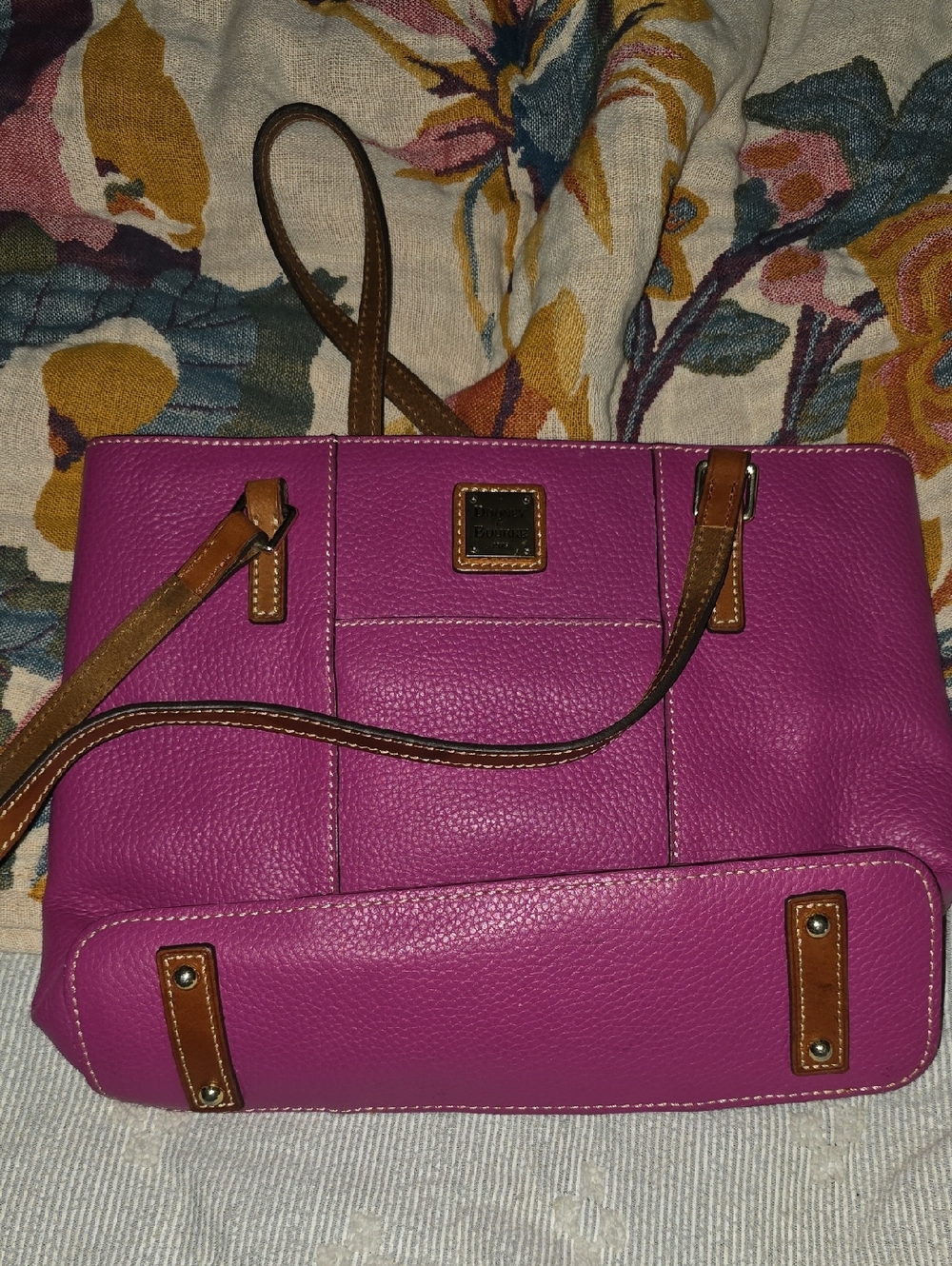 Dooney & Bourke Fuchsia Pebble Leather Tote with Brown Trim